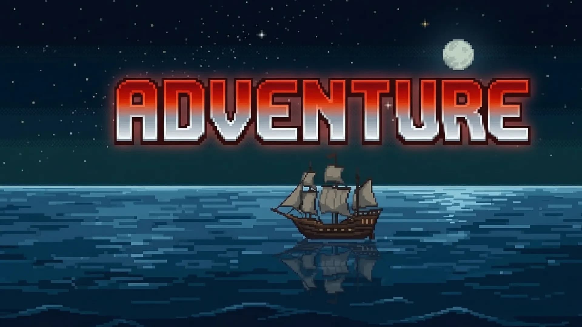 Pixel art adventure scene with a ship under a moonlit sky