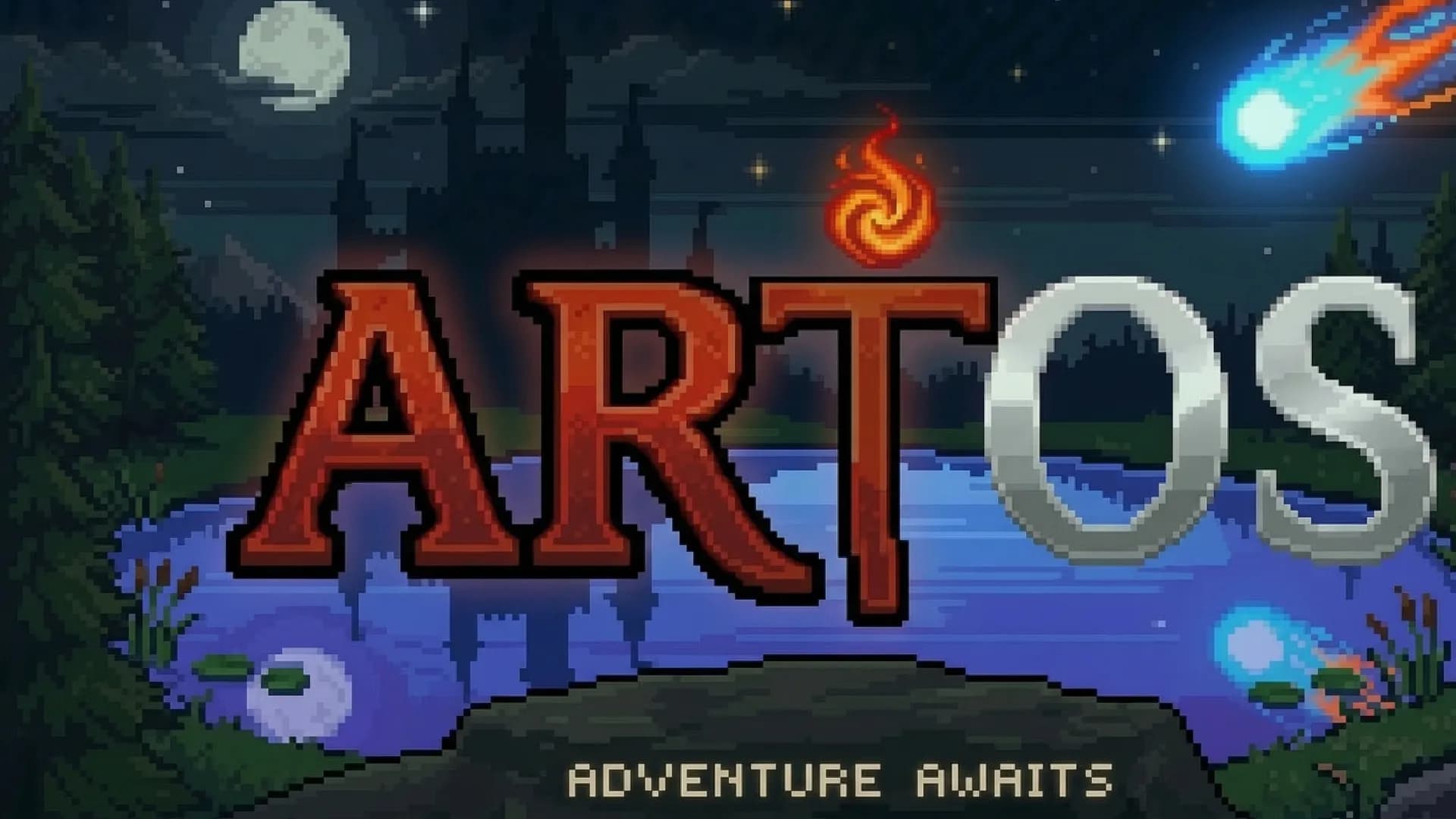 Pixel art ArtOS adventure awaits scene with a castle and fire symbol