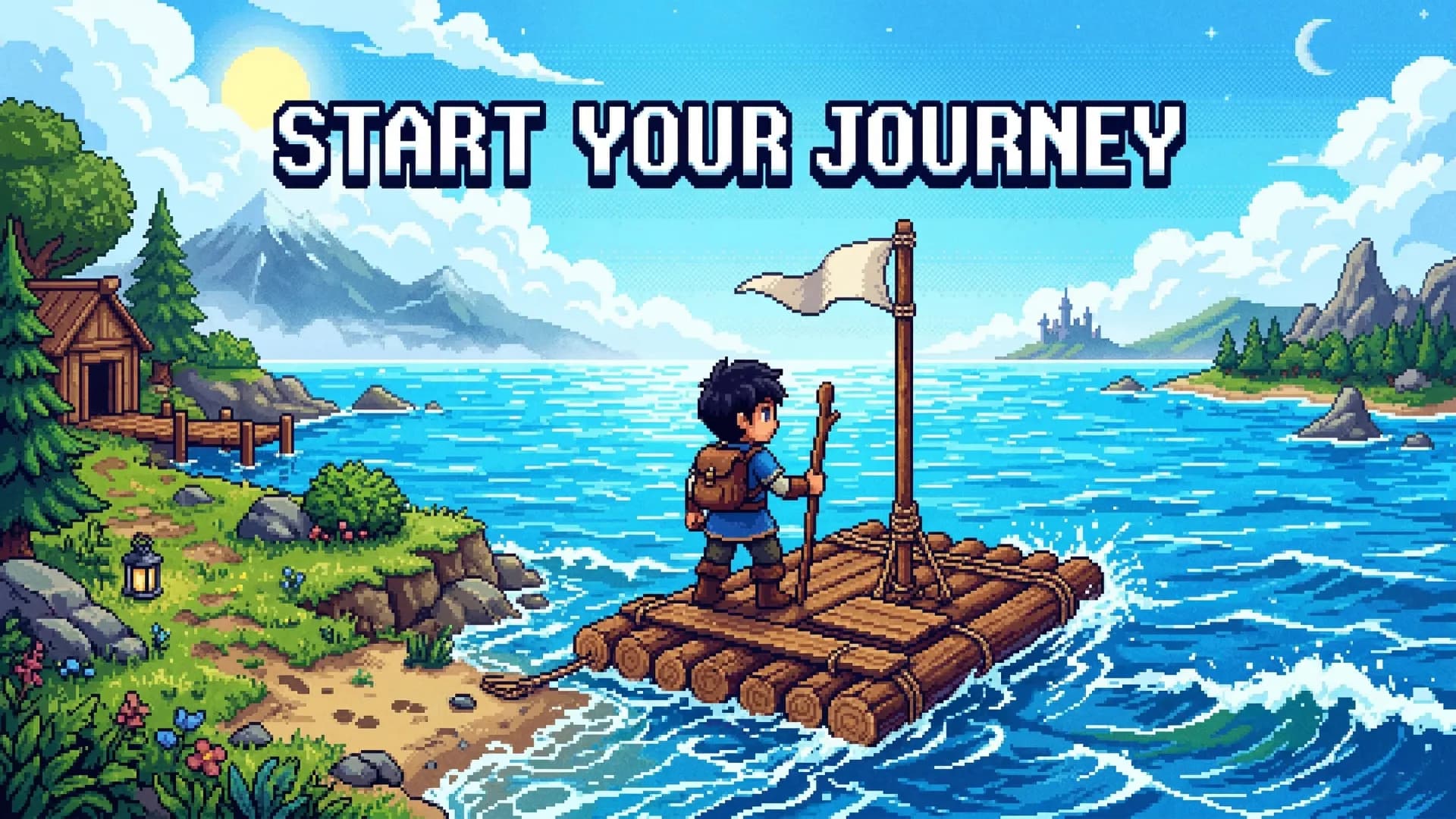 Pixel art character on a raft with the words START YOUR JOURNEY